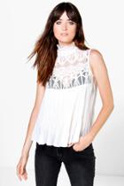 Boohoo Katie High Neck Lace Sleeveless Pleated Blouse White