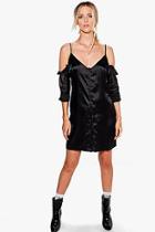 Boohoo Hedvi Cold Shoulder Ruffle Satin Shirt Dress