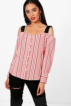 Boohoo Petite Contrast Stripe Cold Shoulder Blouse