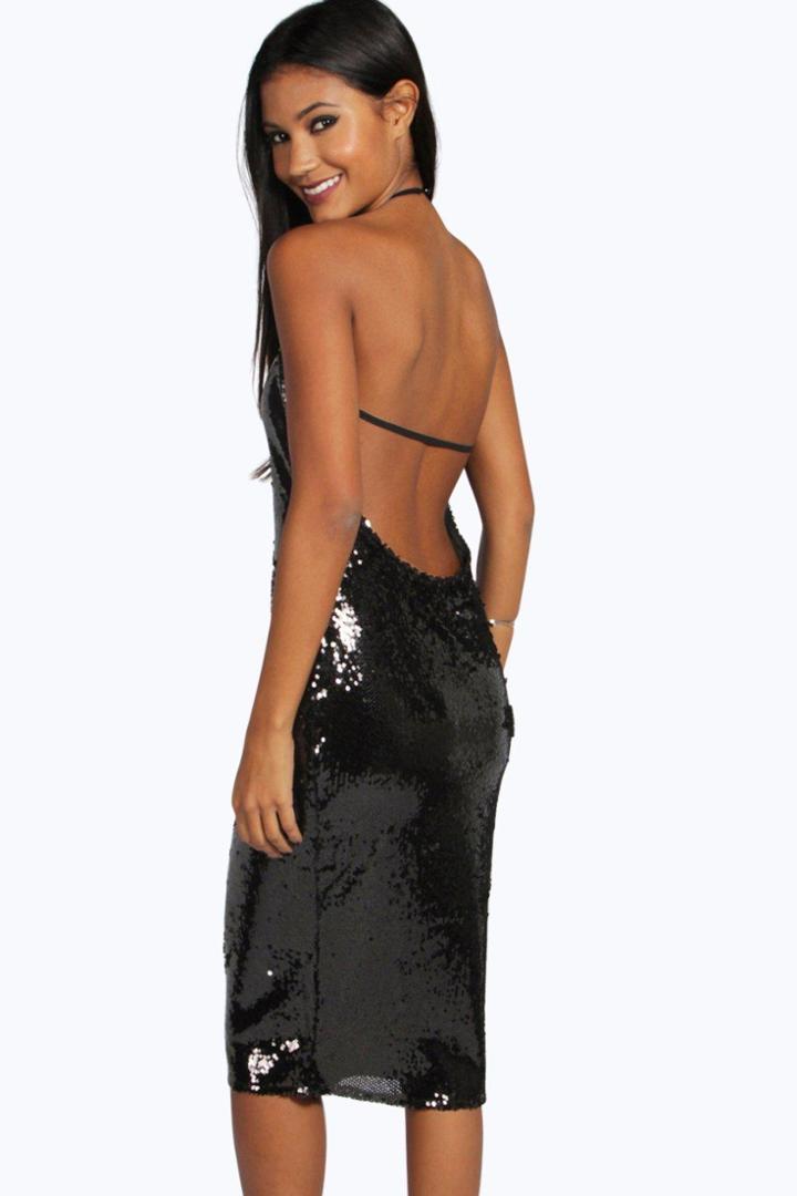 Boohoo Boutique Ari Sequin Open Back Midi Dress Black