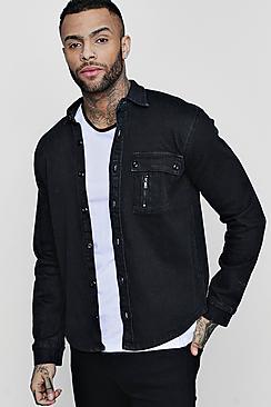 Boohoo Black Denim Stretch Shirt With Zip Detail