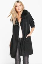 Boohoo Molly Faux Fur Collar Belted Coat Black
