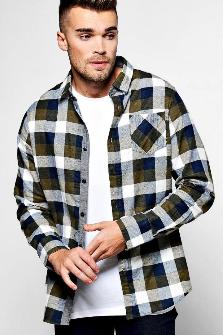 Boohoo Long Sleeve Brush Flannel Shirt Khaki