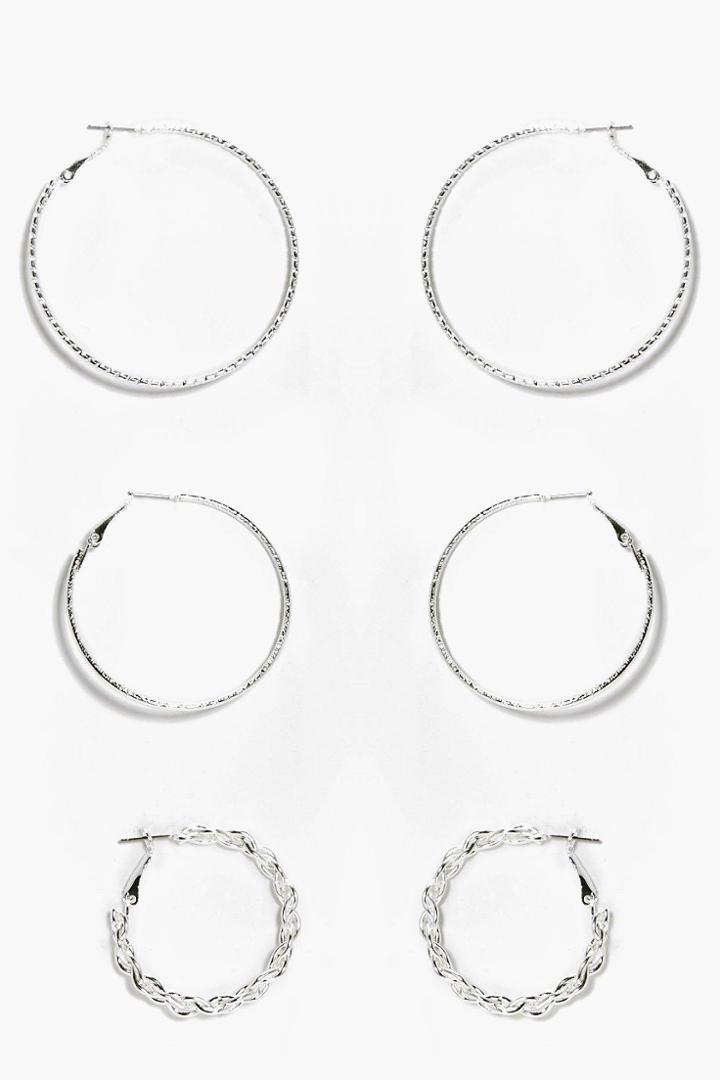Boohoo Natasha Mix Pack Textured Hoop Earrings Silver