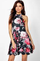 Boohoo Pia High Neck Scallop Floral Skater Dress Multi