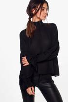 Boohoo Petite Jayne Tie Cuff Smock Blouse Black
