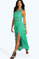 Boohoo Sia Boutique Embellished Ruched Maxi Dress Green