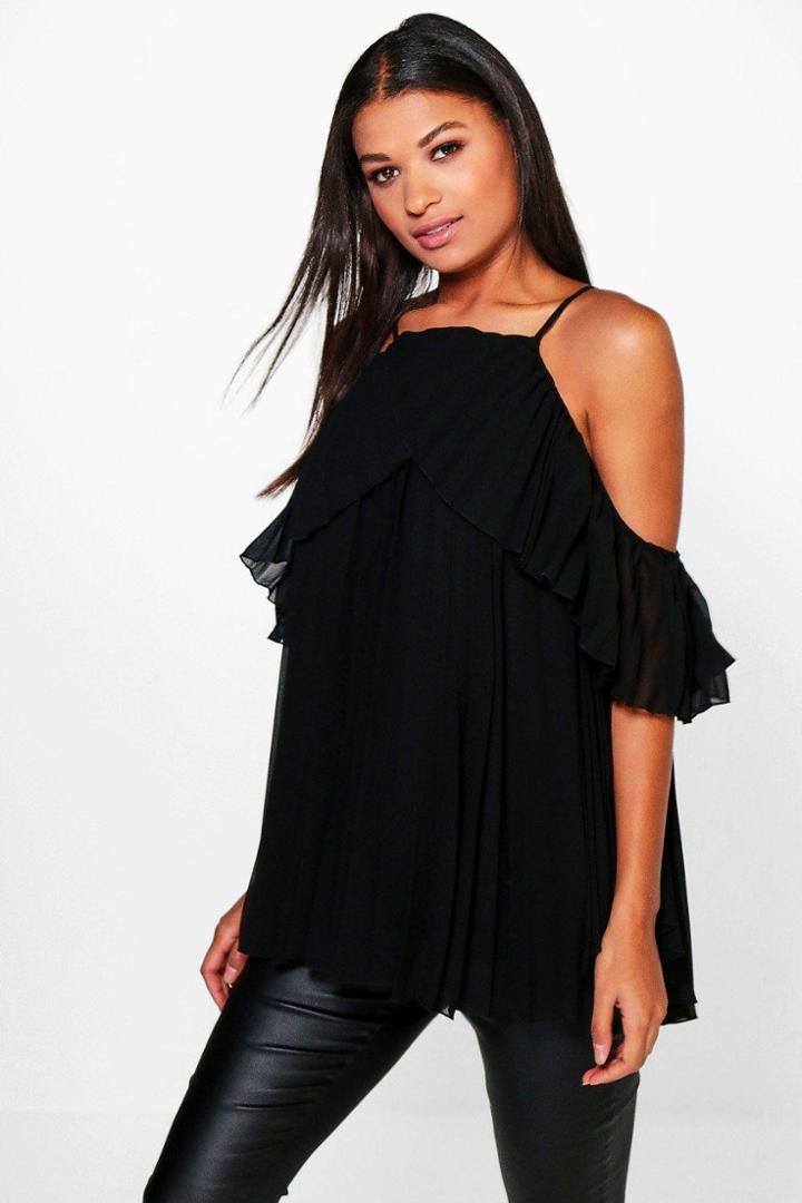 Boohoo Molly Cold Shoulder Pleated Ruffle Top Black