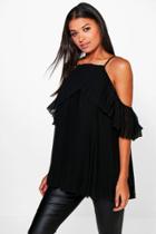 Boohoo Molly Cold Shoulder Pleated Ruffle Top Black
