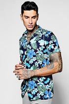 Boohoo Navy Floral Print Short Sleeve Collar Shirt