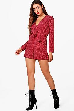 Boohoo Danielle Ruffle Front Polka Dot Playsuit