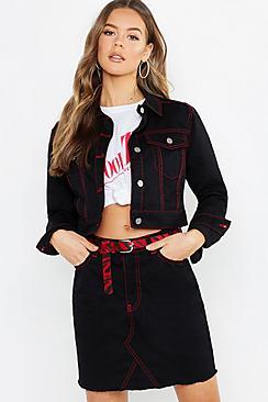 Boohoo Red Neon Contrast Stitch Denim Jacket