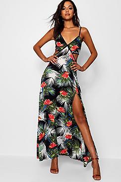 Boohoo Julie Tropical Palm Print Cut Work Maxi Dress