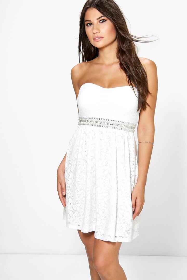Boohoo Boutique Fran Lace Embellished Waist Dress Ivory