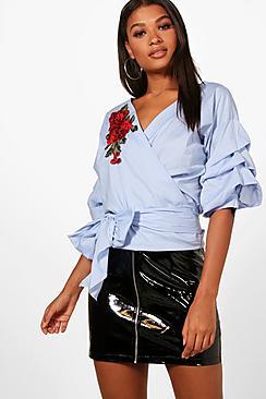 Boohoo Eliza Embroidered Off The Shoulder Ruched Sleeve Top