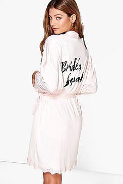 Boohoo Erin Brides Squad Slogan Lace Detail Bridal Robe