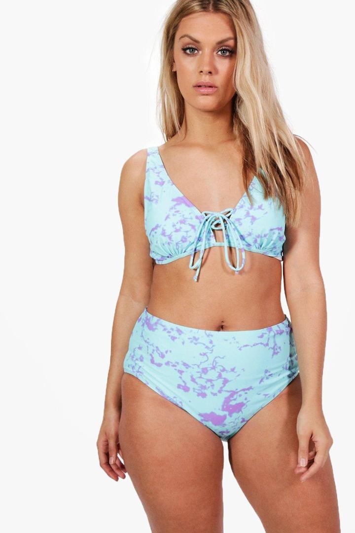 Boohoo Plus Jasmine Marble Print Tie Front Bikini Multi