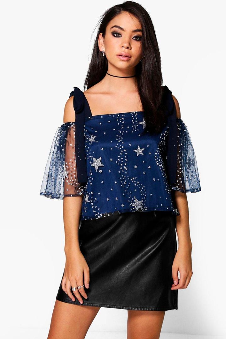Boohoo Tia Star Sequin Shoulder Floaty Top Navy
