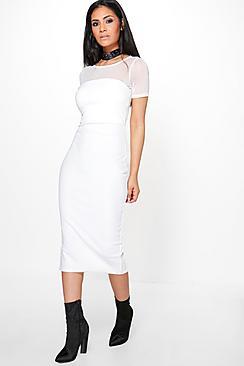 Boohoo Fay Mesh Top Detail Midi Bodycon Dress