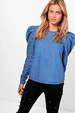 Boohoo Puff Sleeve Denim Top