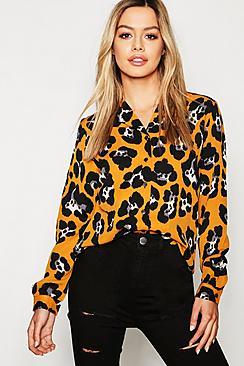 Boohoo Petite Oversized Animal Print Long Sleeve Shirt