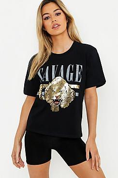 Boohoo Petite Savage Foil Print Slogan T-shirt