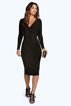Boohoo Leah Slinky Plunge Neck Midi Bodycon Dress