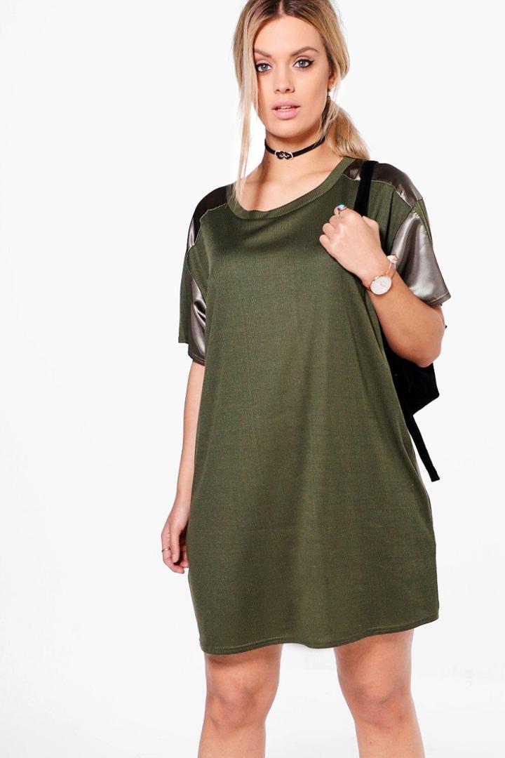 Boohoo Plus Kelly Satin Trim Ribbed T-shirt Dress Khaki