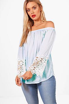 Boohoo Plus Ebony Off The Shoulder Stripe Crochet Top