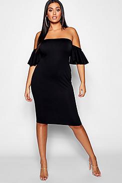 Boohoo Plus Flare Bardot Sleeve Bodycon Midi Dress
