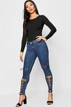 Boohoo Mid Rise Lace Up Detail Skinny Jeans
