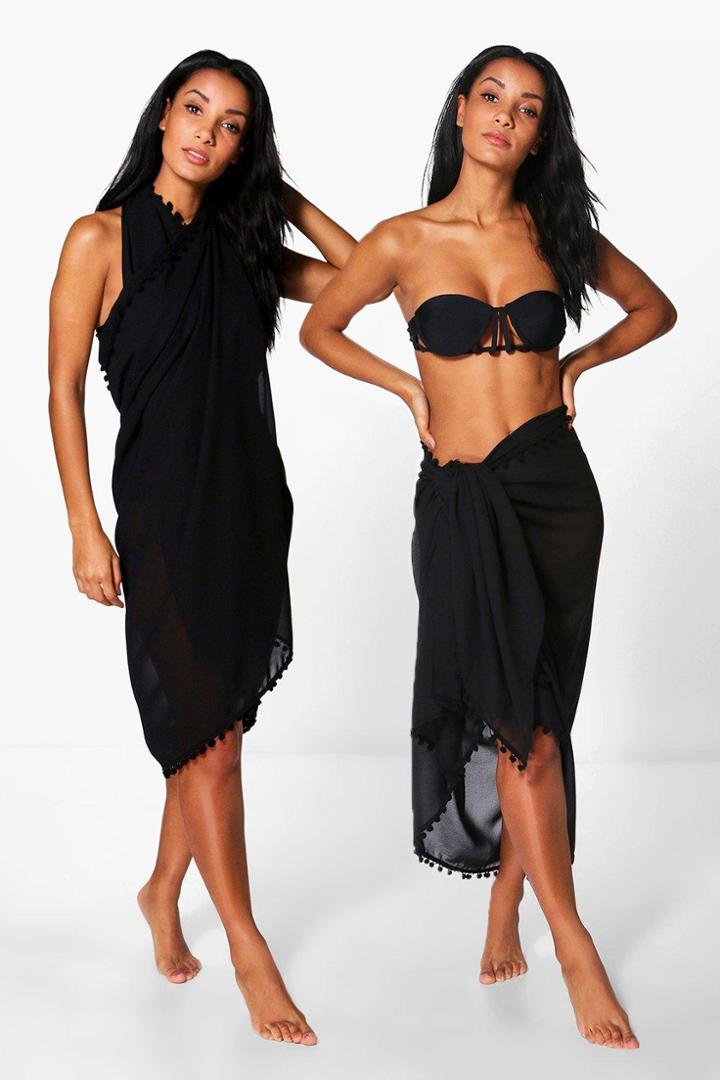 Boohoo Mia Pom Pom Multiwear Beach Sarong Black