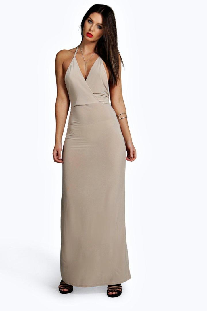 Boohoo Marie Slinky Wrap Front Drape Back Maxi Dress Stone