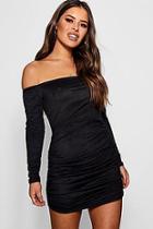Boohoo Petite Emily Bardot Suedette Ruched Side Bodycon Dress