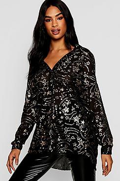 Boohoo Tall Sheer Star Print Collarless Shirt