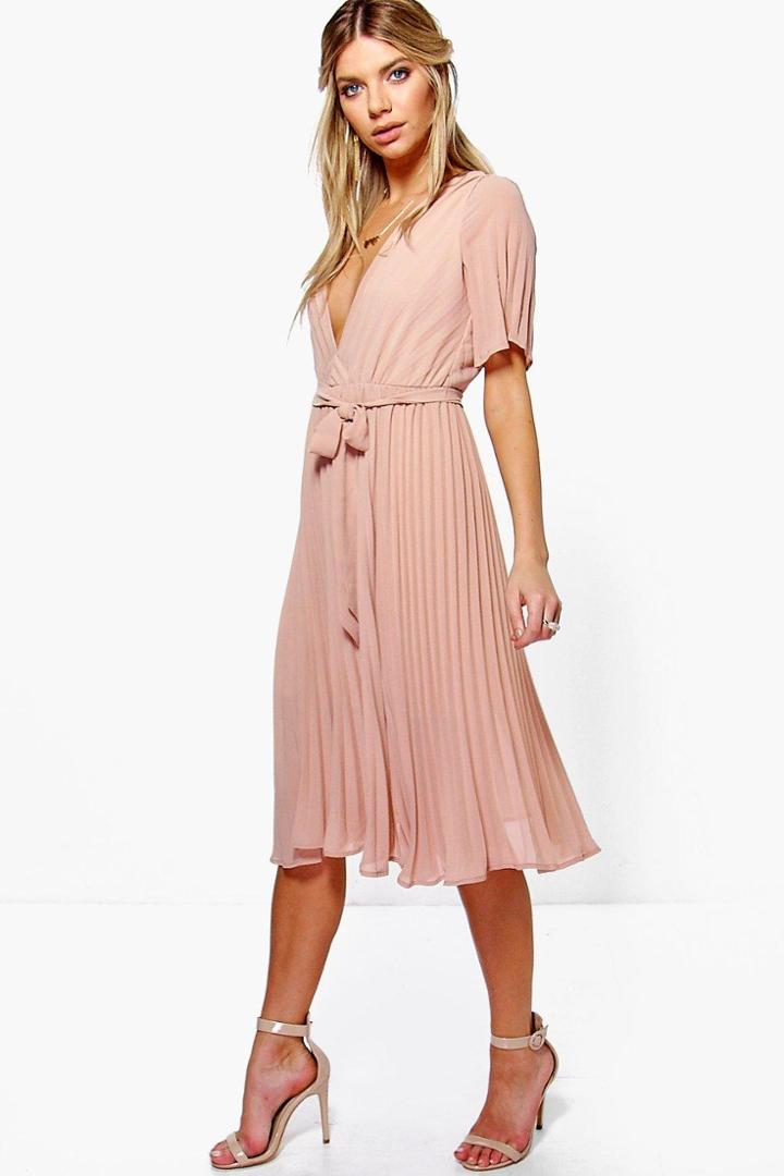 Boohoo Boutique Erity Pleated Plunge Neck Midi Dress Blush
