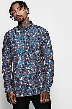 Boohoo Autumnal Floral Print Long Sleeve Satin Shirt