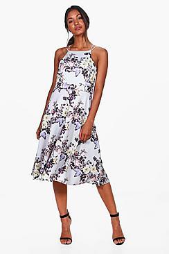 Boohoo Rebecca Floral Strappy Midi Skater Dress
