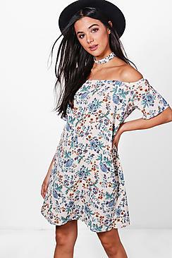 Boohoo Georgia Off The Shoulder Choker Floral Shift Dress