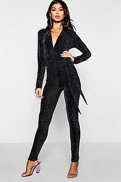Boohoo Tie Waist Glitter Sparkle Jumpsuit