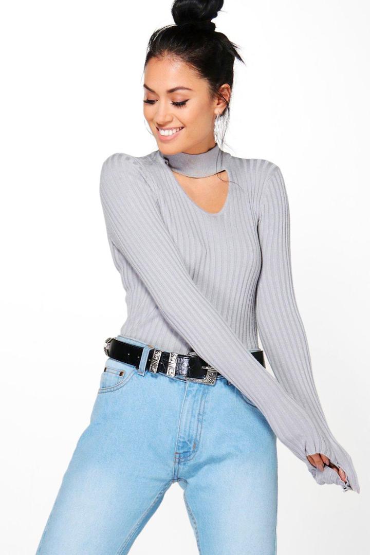 Boohoo Julia Fine Ribbed Choker V-neck Jumper Grey