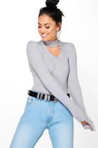 Boohoo Julia Fine Ribbed Choker V-neck Jumper Grey