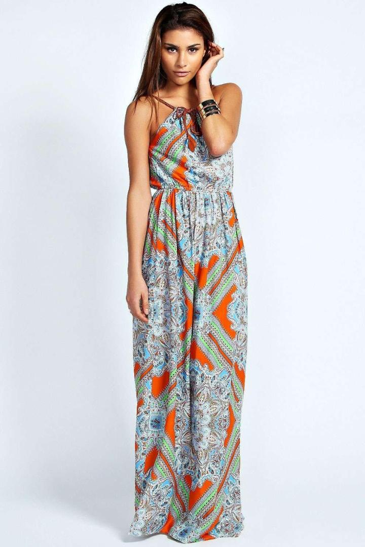Boohoo Lina Plait Detail Paisley Print Maxi Dress Orange