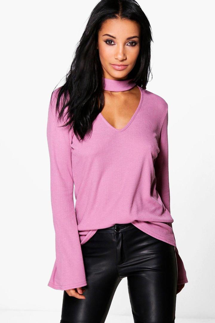 Boohoo Alisha Rib Choker Ruffle Sleeve Top Lilas