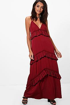 Boohoo Olivia Ruffle Tier Western Strap Maxi Dress