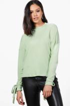 Boohoo Hannah Tie Cuff Fine Knit Jumper Sage