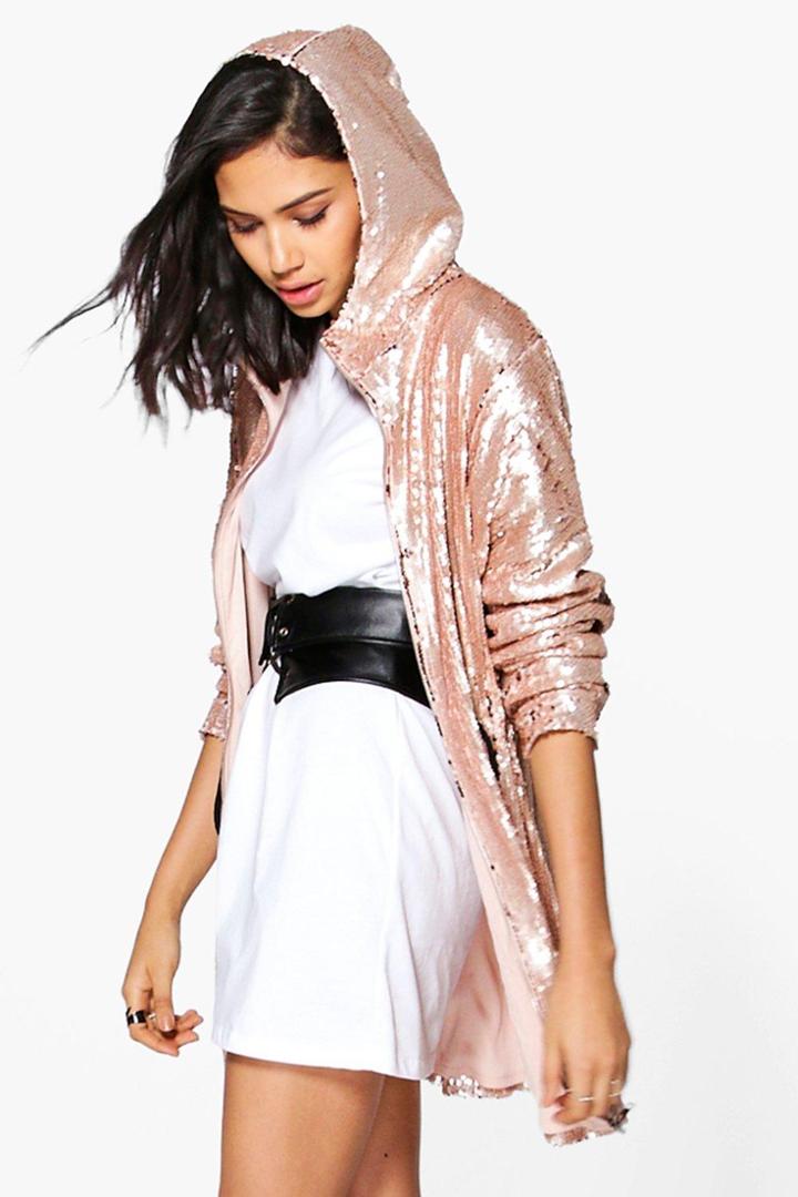 Boohoo Georgia Boutique Sequin Hooded Parka Blush