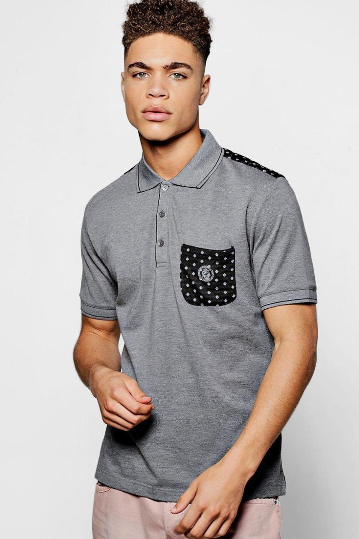 Boohoo Pocket Print Cotton Polo Grey