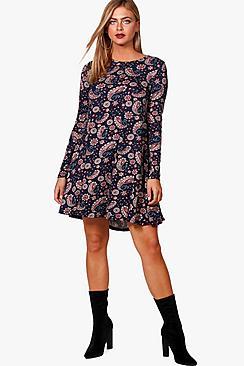 Boohoo Lia Paisley Printed Brushed Knit Swing Dress