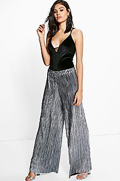 Boohoo Gianna Metallic Pleated Wide Leg Trousers